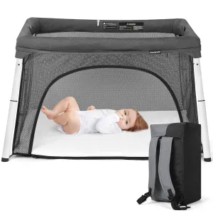 Cowiewie Travel Crib and Playard, Folding Portable Crib for Baby and Toddlers 1-3, Breathable and Washable Baby Playpen with Waterproof Mattress, Compact Travel Crib Backpack - Dark Gray