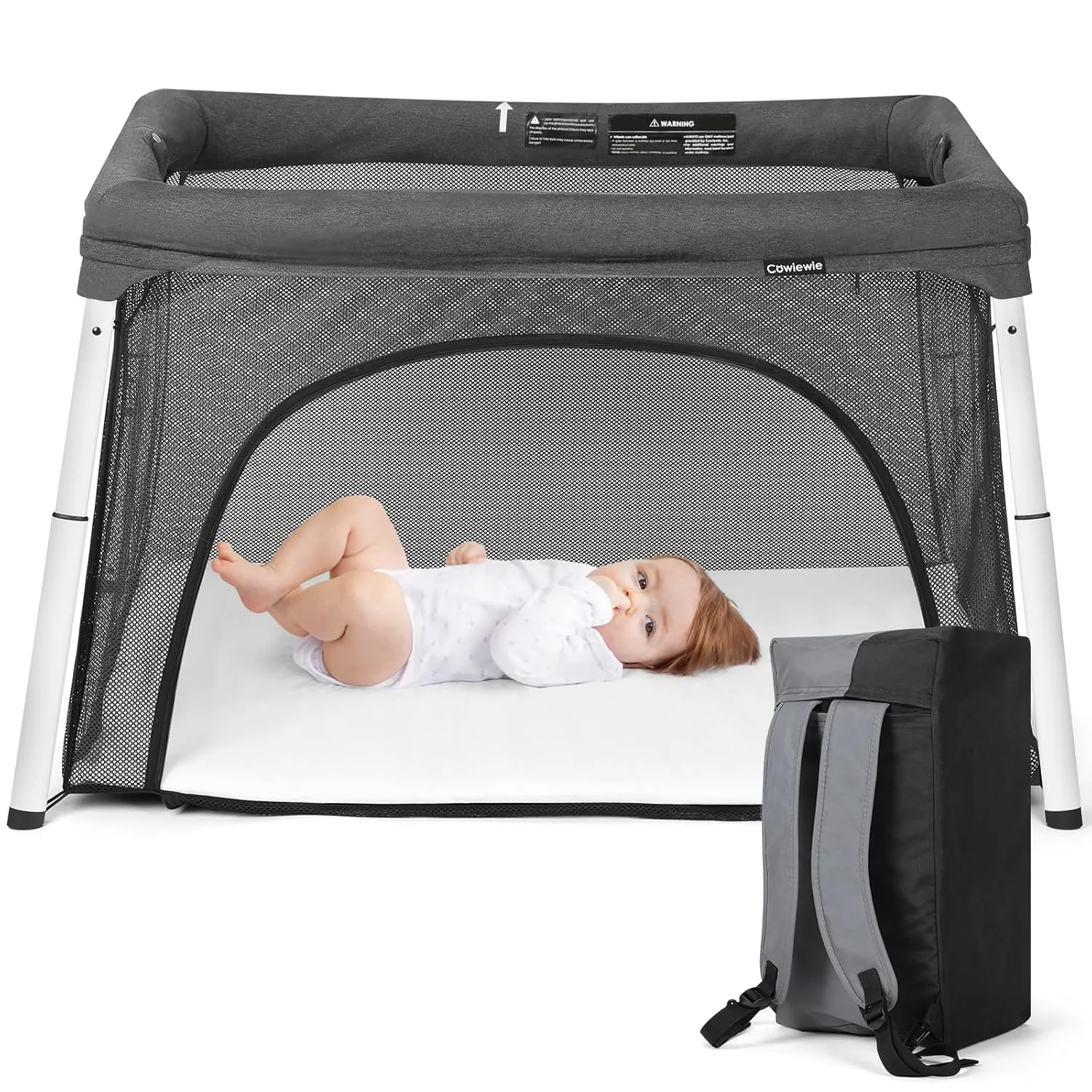 Cowiewie Travel Crib and Playard, Folding Portable Crib for Baby and Toddlers 1-3, Breathable and Washable Baby Playpen with Waterproof Mattress, Compact Travel Crib Backpack - Dark Gray