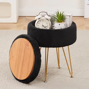 Cplxroc Footrest Footstools Round Faux Fur Ottoman with Storage Space Soft Vanity Chair Seat Coffee Table Ottoman Small Side Table Metal Legs with Adjustable Footings (Black)