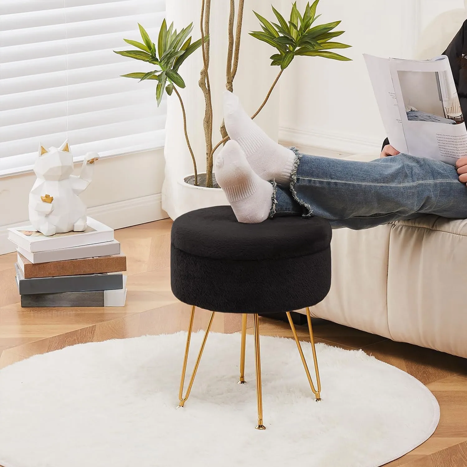 Cplxroc Footrest Footstools Round Faux Fur Ottoman with Storage Space Soft Vanity Chair Seat Coffee Table Ottoman Small Side Table Metal Legs with Adjustable Footings (Black)