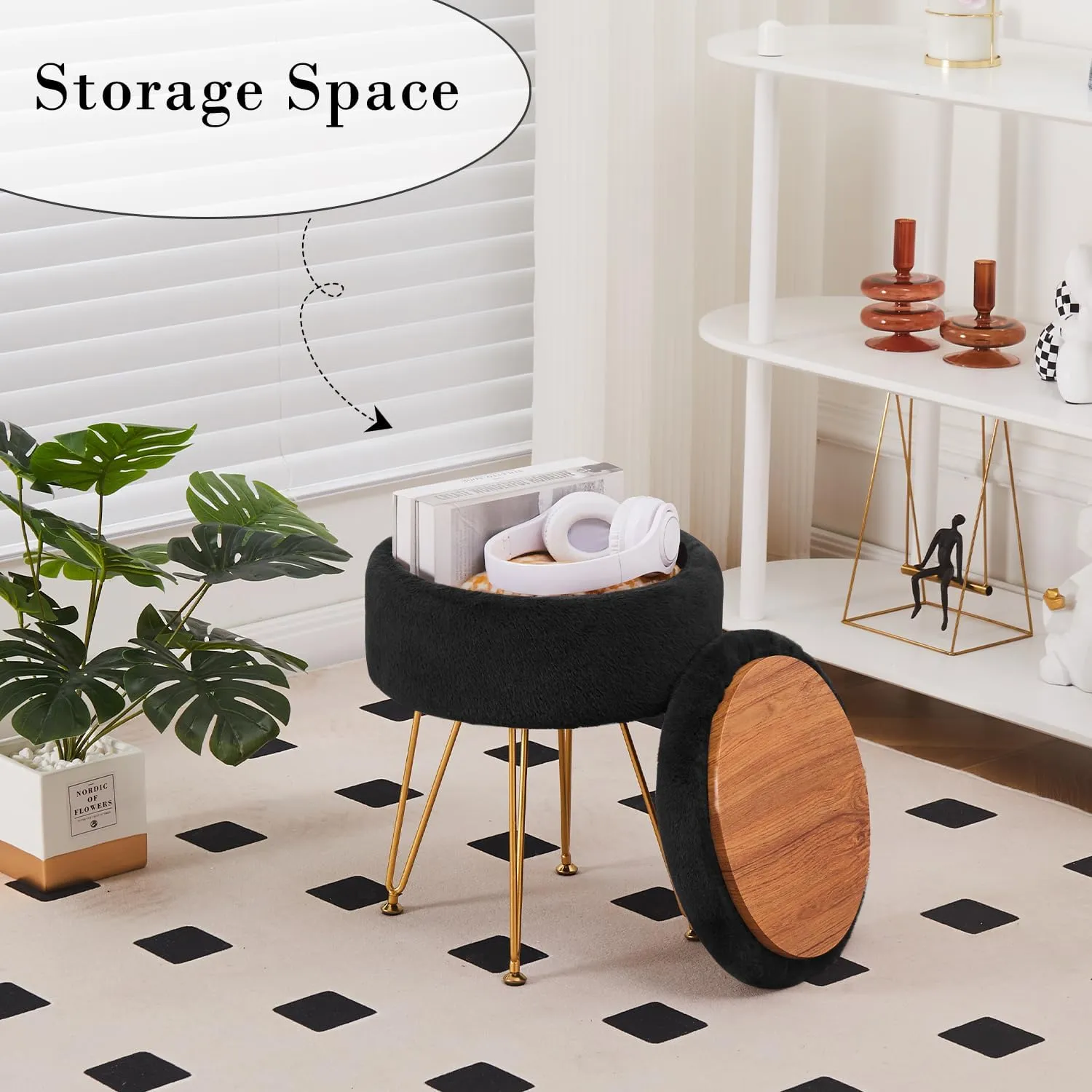 Cplxroc Footrest Footstools Round Faux Fur Ottoman with Storage Space Soft Vanity Chair Seat Coffee Table Ottoman Small Side Table Metal Legs with Adjustable Footings (Black)