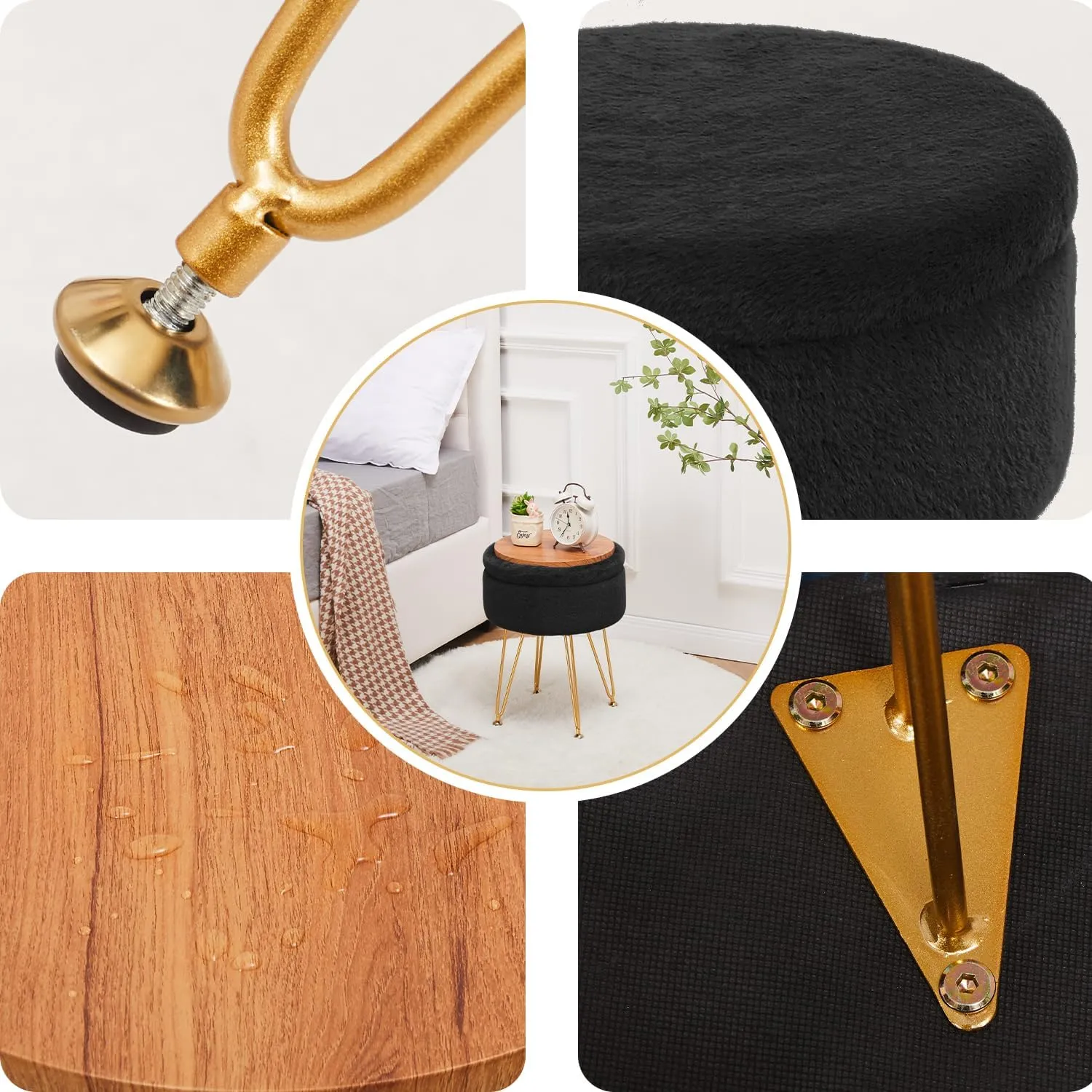 Cplxroc Footrest Footstools Round Faux Fur Ottoman with Storage Space Soft Vanity Chair Seat Coffee Table Ottoman Small Side Table Metal Legs with Adjustable Footings (Black)