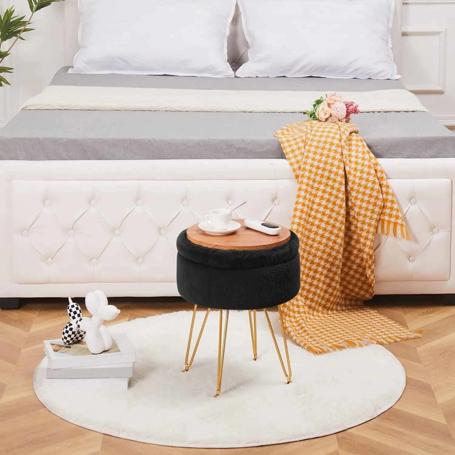 Cplxroc Footrest Footstools Round Faux Fur Ottoman with Storage Space Soft Vanity Chair Seat Coffee Table Ottoman Small Side Table Metal Legs with Adjustable Footings (Black)