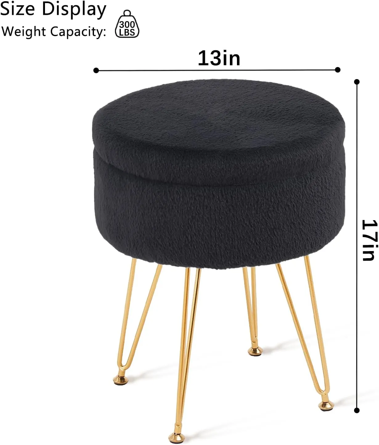 Cplxroc Footrest Footstools Round Faux Fur Ottoman with Storage Space Soft Vanity Chair Seat Coffee Table Ottoman Small Side Table Metal Legs with Adjustable Footings (Black)
