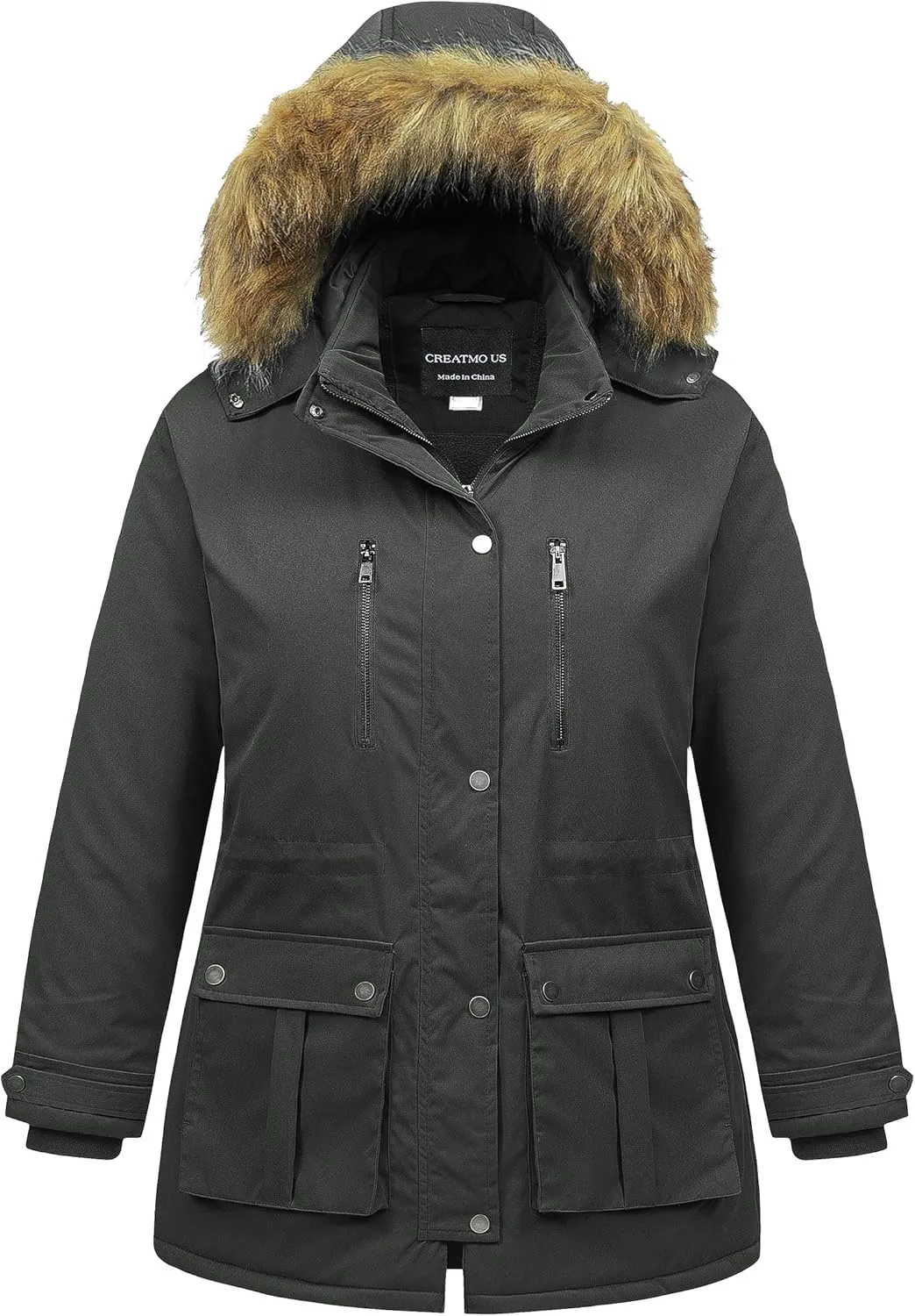 CREATMO US Women's Plus Size Winter Coat Waterproof Long Puffer Jacket Warm Military Thicken Parka with Fur Hood