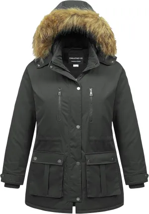 CREATMO US Women's Plus Size Winter Coat Waterproof Long Puffer Jacket Warm Military Thicken Parka with Fur Hood