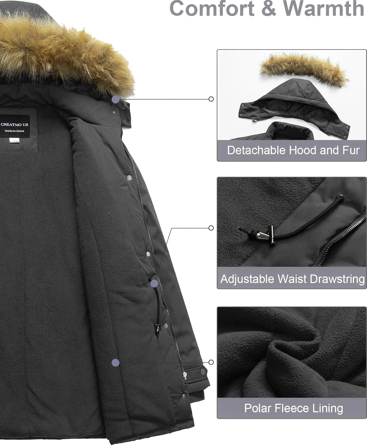 CREATMO US Women's Plus Size Winter Coat Waterproof Long Puffer Jacket Warm Military Thicken Parka with Fur Hood