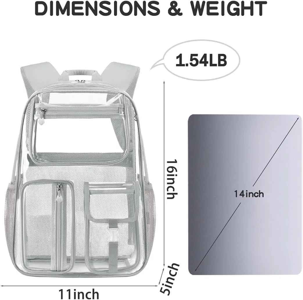 Cusangel Clear Backpack for Men Women TPU Large Heavy Duty See Through Transparent bookbag for Sport Event,Stadium Events (16 in-Grey)