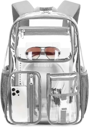 Cusangel Clear Backpack for Men Women TPU Large Heavy Duty See Through Transparent bookbag for Sport Event,Stadium Events (16 in-Grey)
