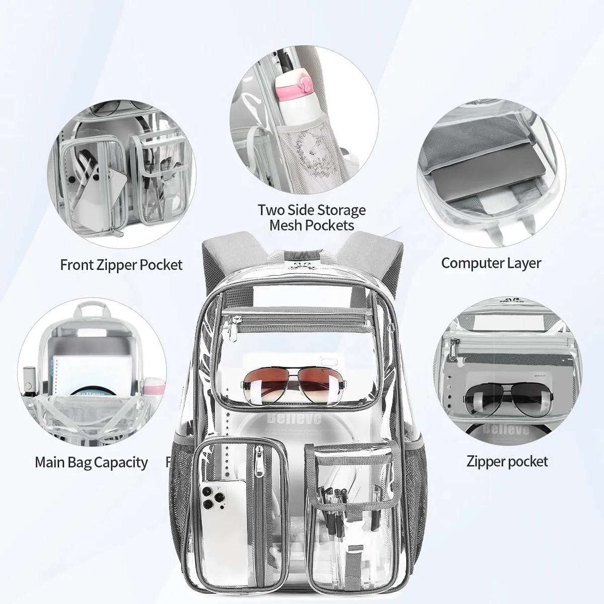 Cusangel Clear Backpack for Men Women TPU Large Heavy Duty See Through Transparent bookbag for Sport Event,Stadium Events (16 in-Grey)