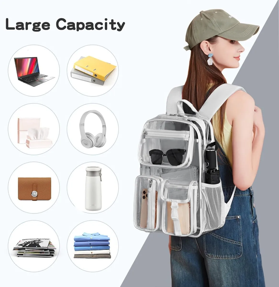 Cusangel Clear Backpack for Men Women TPU Large Heavy Duty See Through Transparent bookbag for Sport Event,Stadium Events (16 in-Grey)