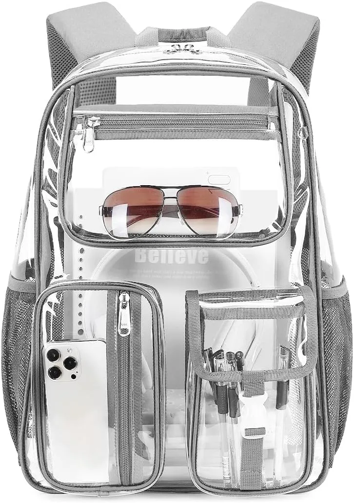 Cusangel Clear Backpack for Men Women TPU Large Heavy Duty See Through Transparent bookbag for Sport Event,Stadium Events (16 in-Grey)