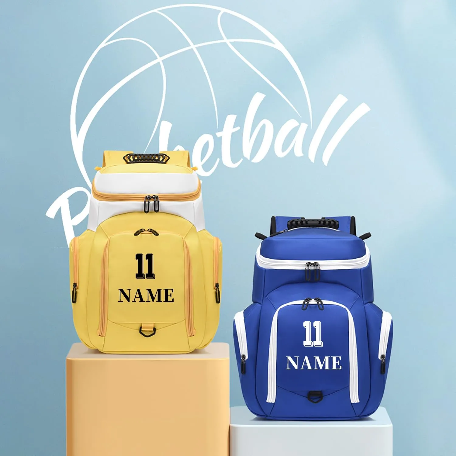 Custom Basketball Bag for Boys - Waterproof Backpack with Adjustable Straps, Personalized Name & Logo for Sports, Gym,Travel (Purple yellow)