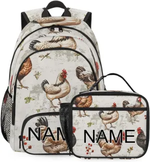 Custom Chicken Rooster Backpack and Lunch Box Set Personalized Backpack with Name, Customized Farm Animal Lightweight Waterproof Travel Casual Daypacks