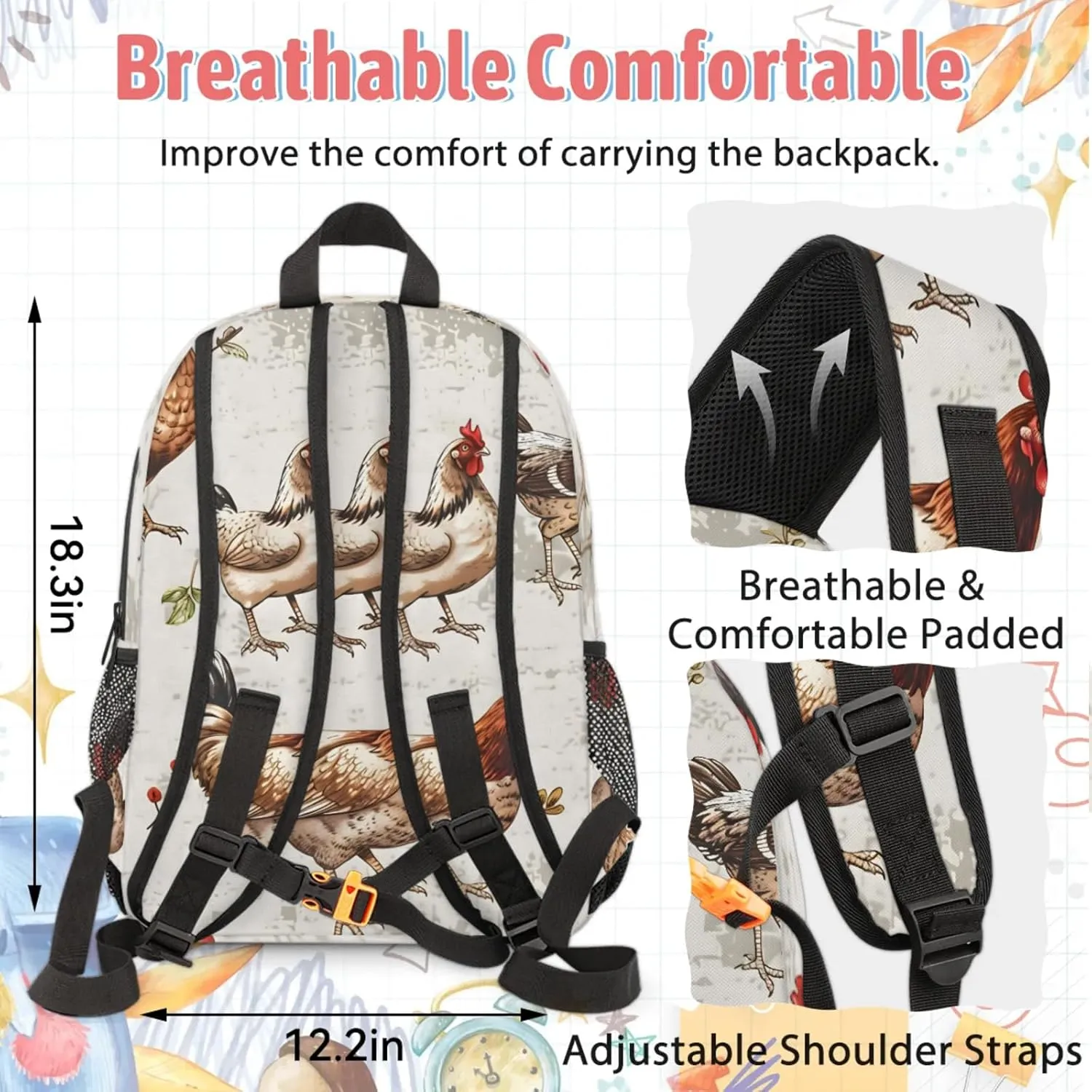 Custom Chicken Rooster Backpack and Lunch Box Set Personalized Backpack with Name, Customized Farm Animal Lightweight Waterproof Travel Casual Daypacks