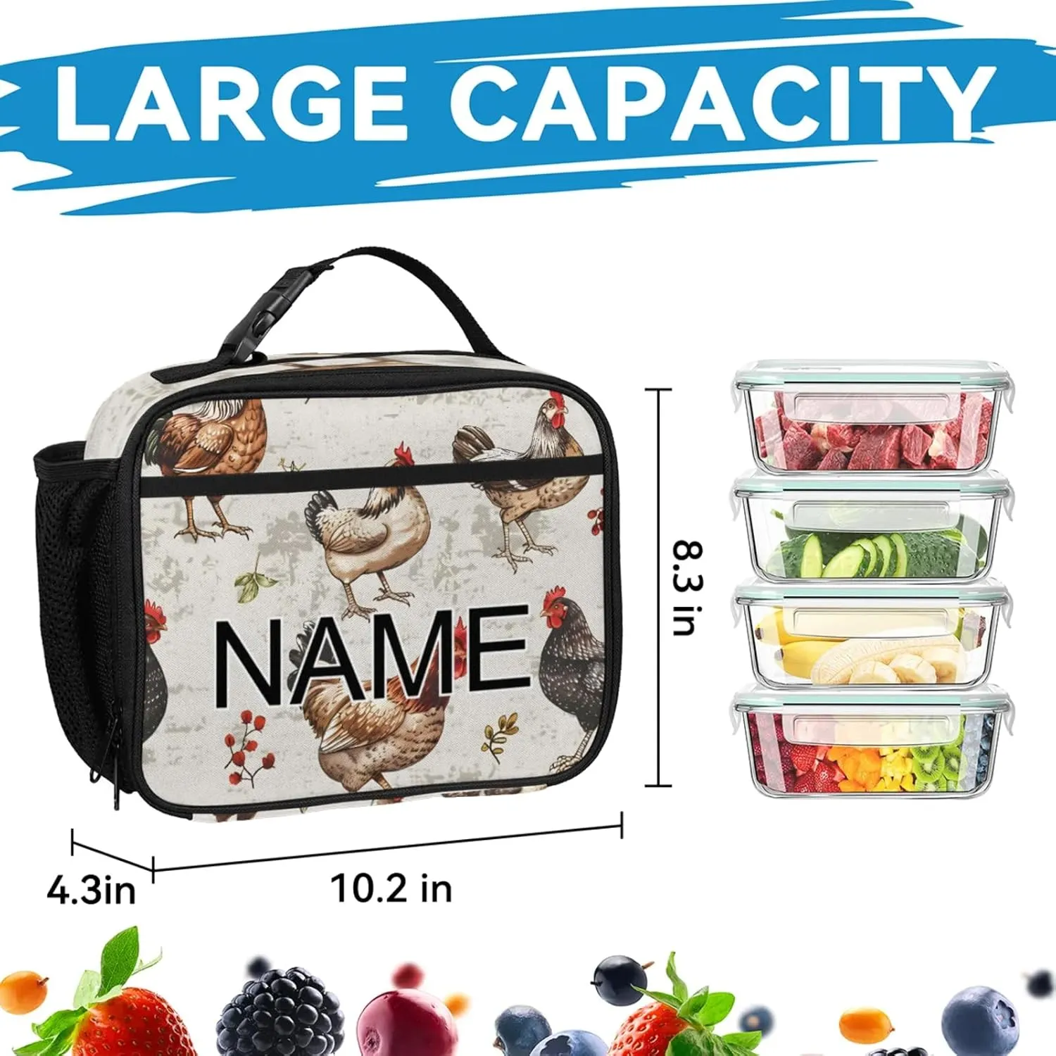 Custom Chicken Rooster Backpack and Lunch Box Set Personalized Backpack with Name, Customized Farm Animal Lightweight Waterproof Travel Casual Daypacks