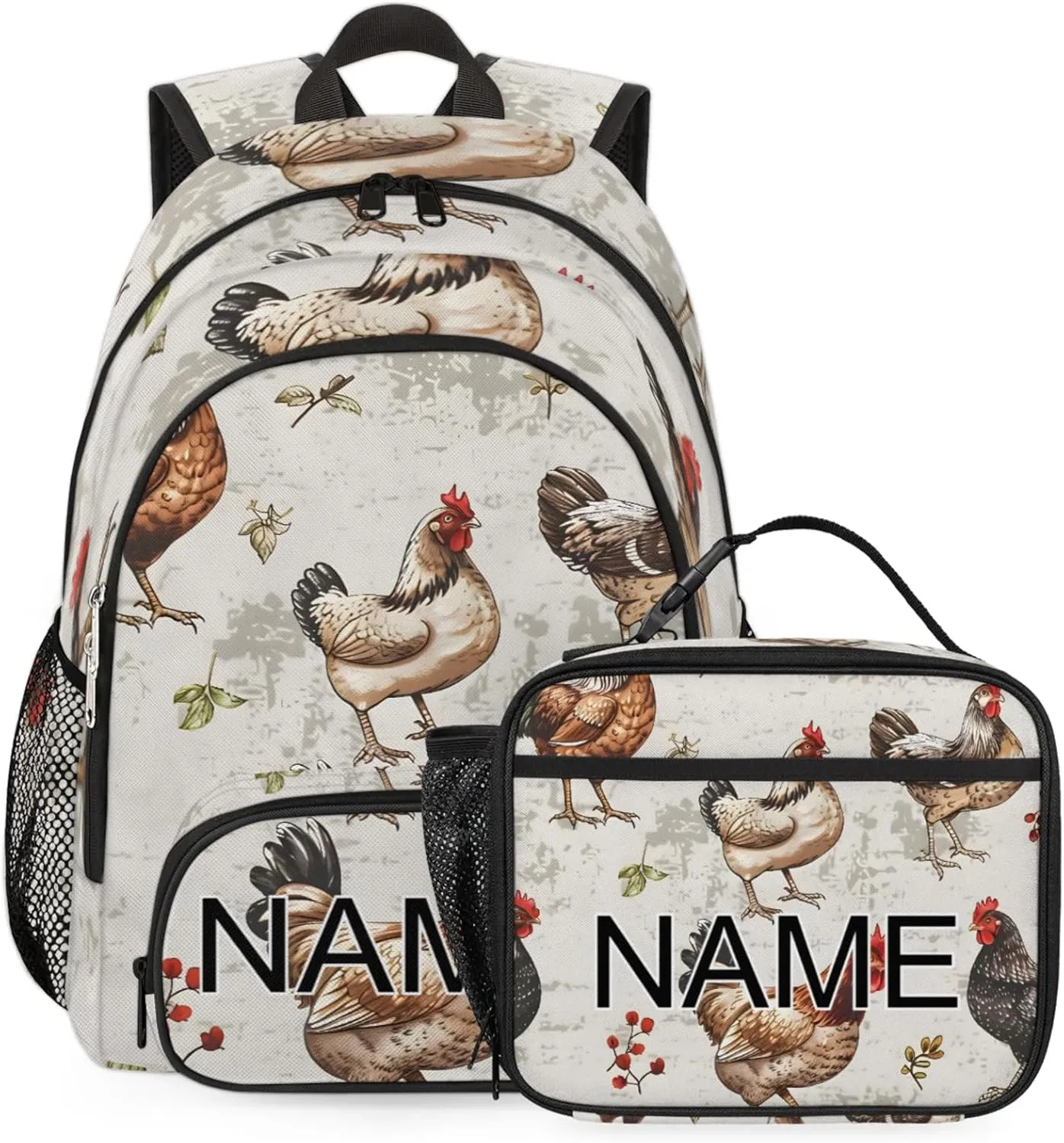 Custom Chicken Rooster Backpack and Lunch Box Set Personalized Backpack with Name, Customized Farm Animal Lightweight Waterproof Travel Casual Daypacks