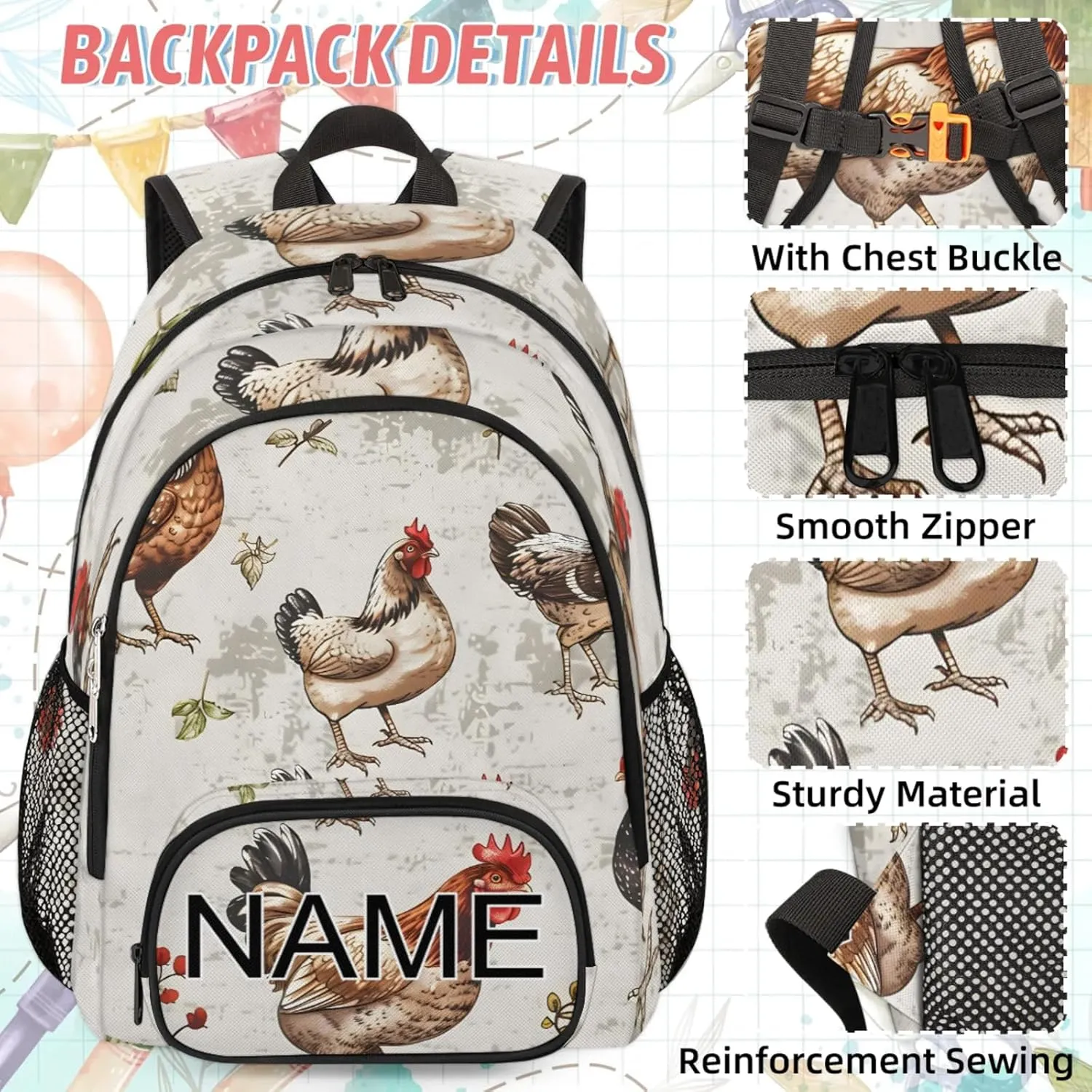 Custom Chicken Rooster Backpack and Lunch Box Set Personalized Backpack with Name, Customized Farm Animal Lightweight Waterproof Travel Casual Daypacks