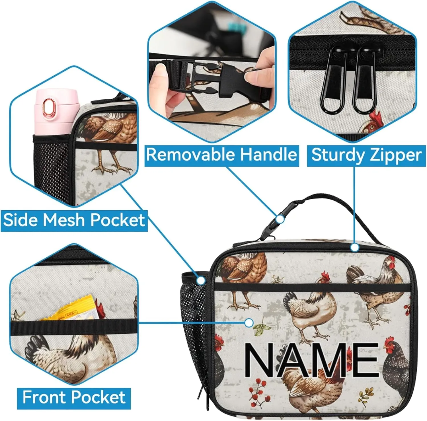 Custom Chicken Rooster Backpack and Lunch Box Set Personalized Backpack with Name, Customized Farm Animal Lightweight Waterproof Travel Casual Daypacks