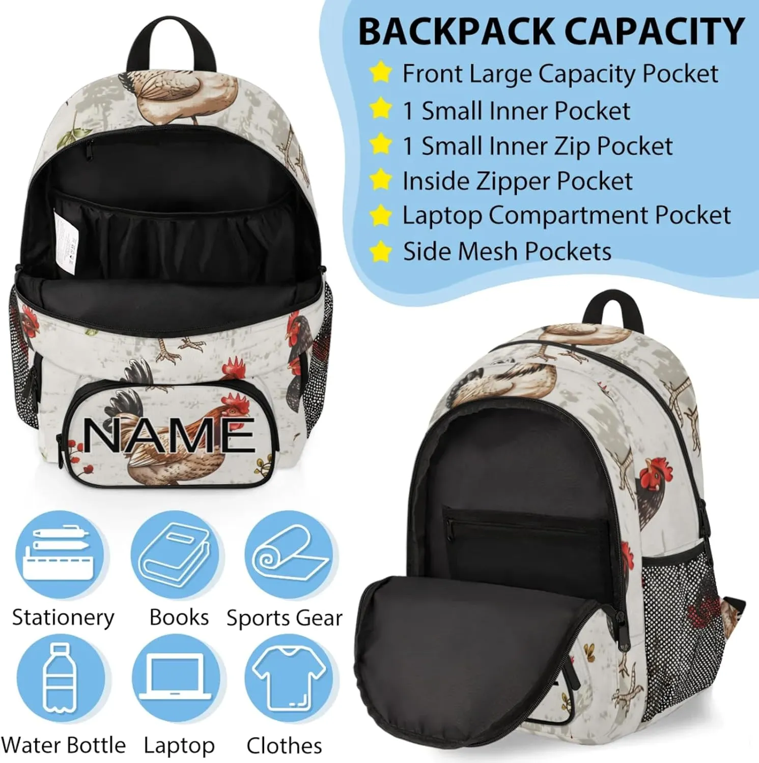 Custom Chicken Rooster Backpack and Lunch Box Set Personalized Backpack with Name, Customized Farm Animal Lightweight Waterproof Travel Casual Daypacks