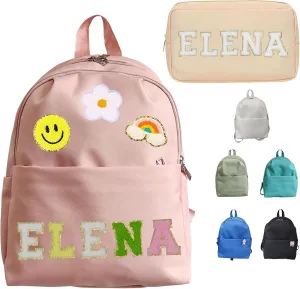 Custom Cute Travel Backpack with Patches, Personalized Name Storage Bag, Chenille Letter Patches, Large Capacity Waterproof Bag, Birthday Gift, Personalized Gift, Gift for Men, Gift for Women 10*5*13"
