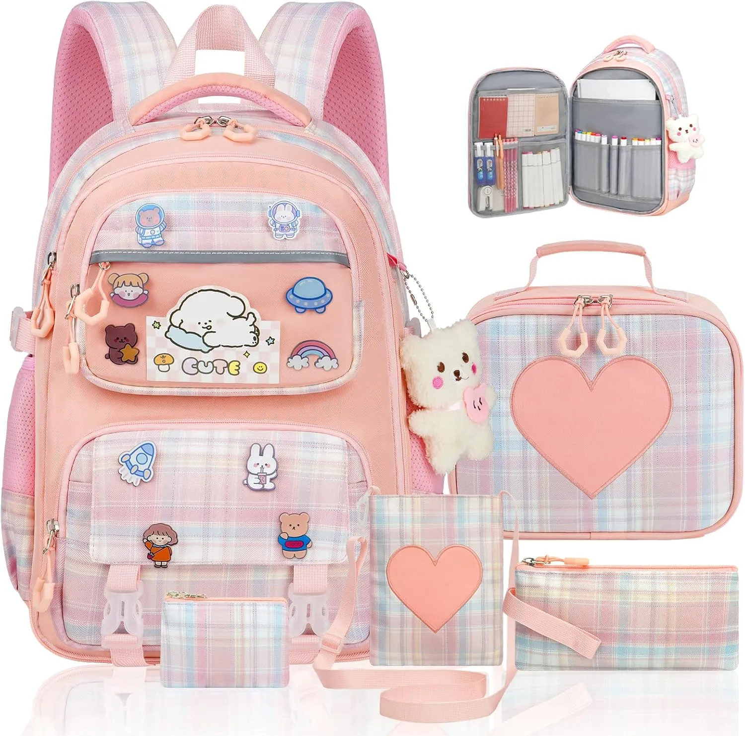 Cute Backpack for Girls, 5 Pack Kawaii Backpack Aesthetic Backpack with Lunch Box Set, Cute Pink School Bookbag for Kids Teen Elementary