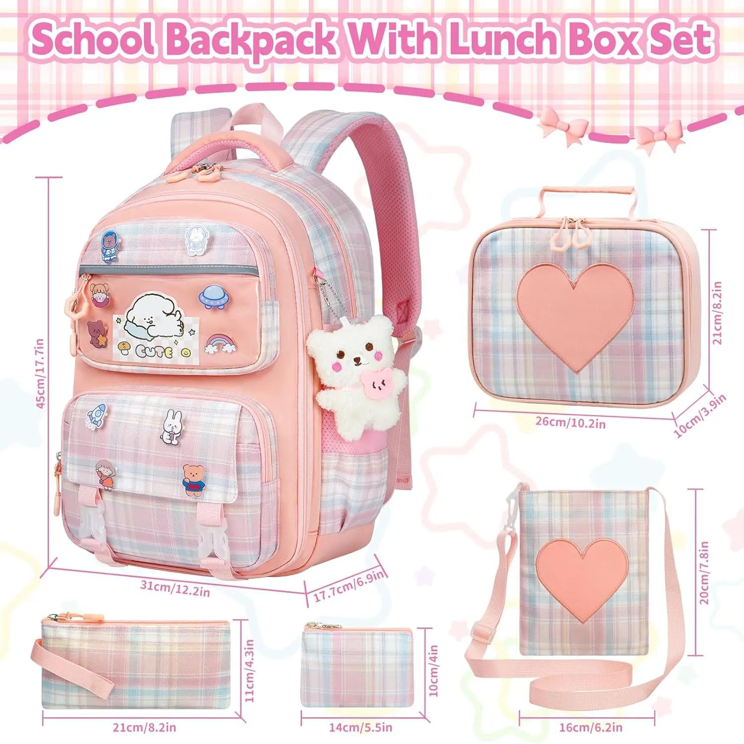 Cute Backpack for Girls, 5 Pack Kawaii Backpack Aesthetic Backpack with Lunch Box Set, Cute Pink School Bookbag for Kids Teen Elementary