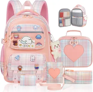 Cute Backpack for Girls, 5 Pack Kawaii Backpack Aesthetic Backpack with Lunch Box Set, Cute Pink School Bookbag for Kids Teen Elementary