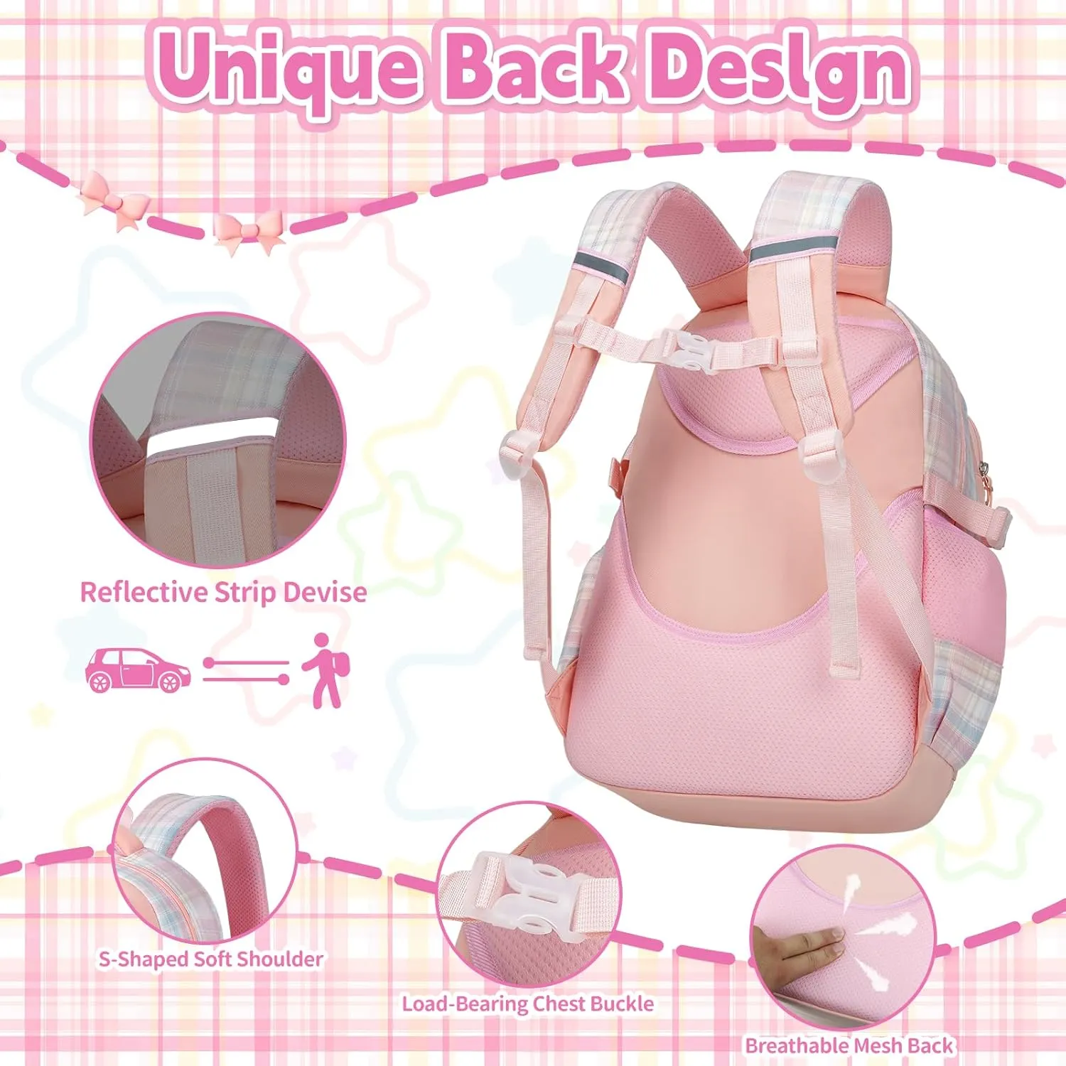 Cute Backpack for Girls, 5 Pack Kawaii Backpack Aesthetic Backpack with Lunch Box Set, Cute Pink School Bookbag for Kids Teen Elementary