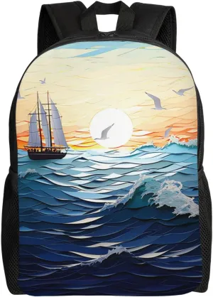 Cute Backpack Waterproof Lightweight Casual Daypack Ocean Waves Sailboat With Birds Maritime Travel Laptop Bag For Women Men