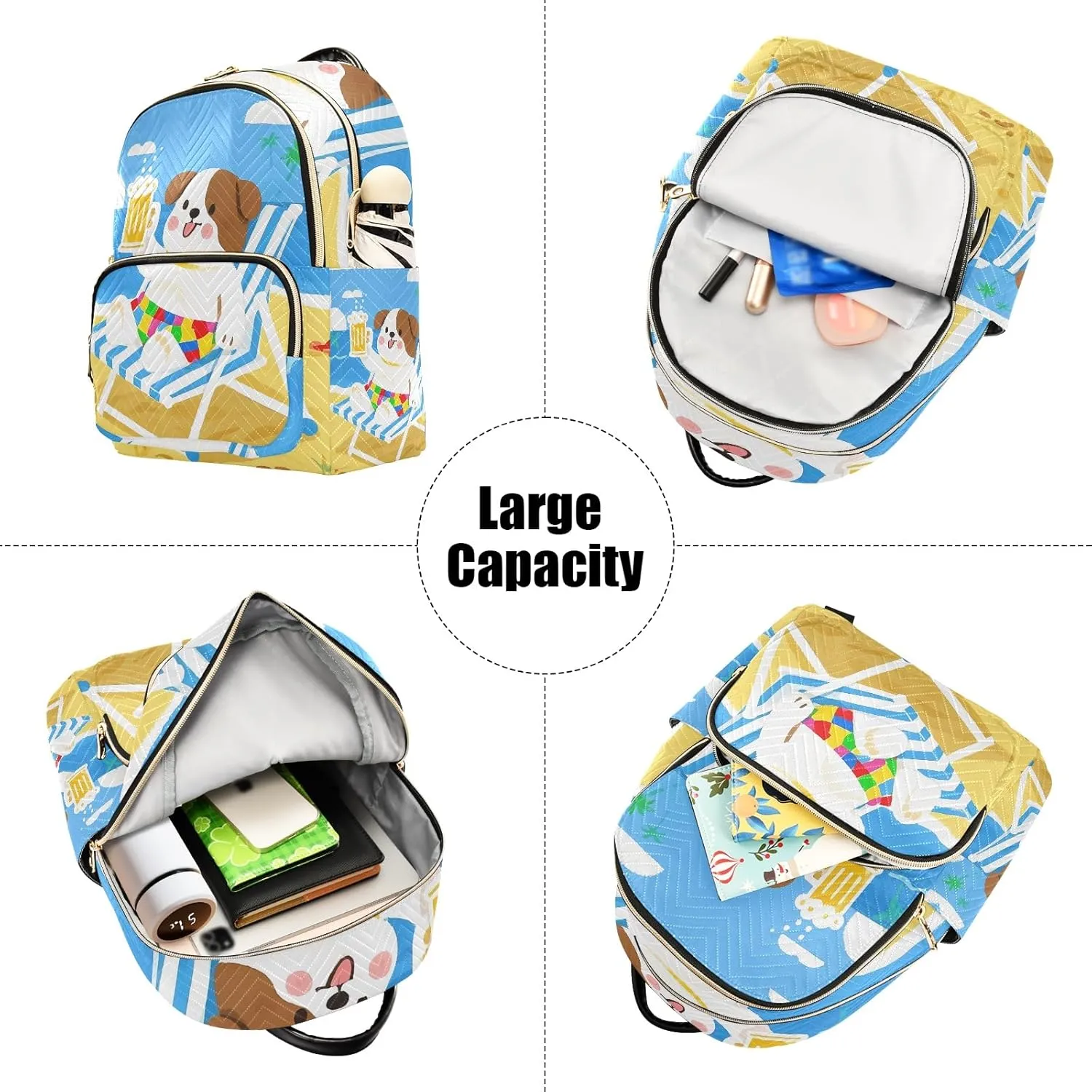 Cute Dog with Beer on Beach Campus Backpack Purse Bookbag Quilted Backpack for Women 13" Laptop Backpack Stylish Printed Rucksack with Multiple Pockets Lightweight Travel