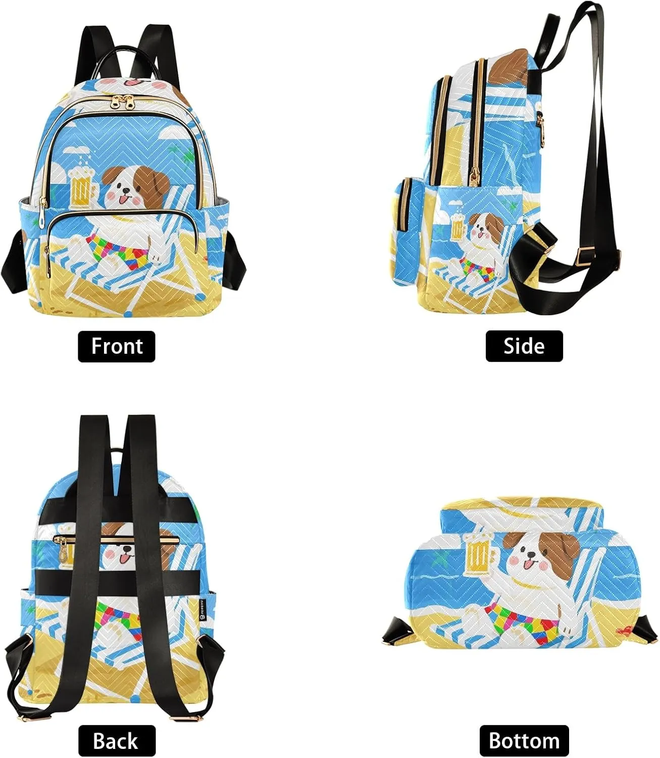 Cute Dog with Beer on Beach Campus Backpack Purse Bookbag Quilted Backpack for Women 13" Laptop Backpack Stylish Printed Rucksack with Multiple Pockets Lightweight Travel
