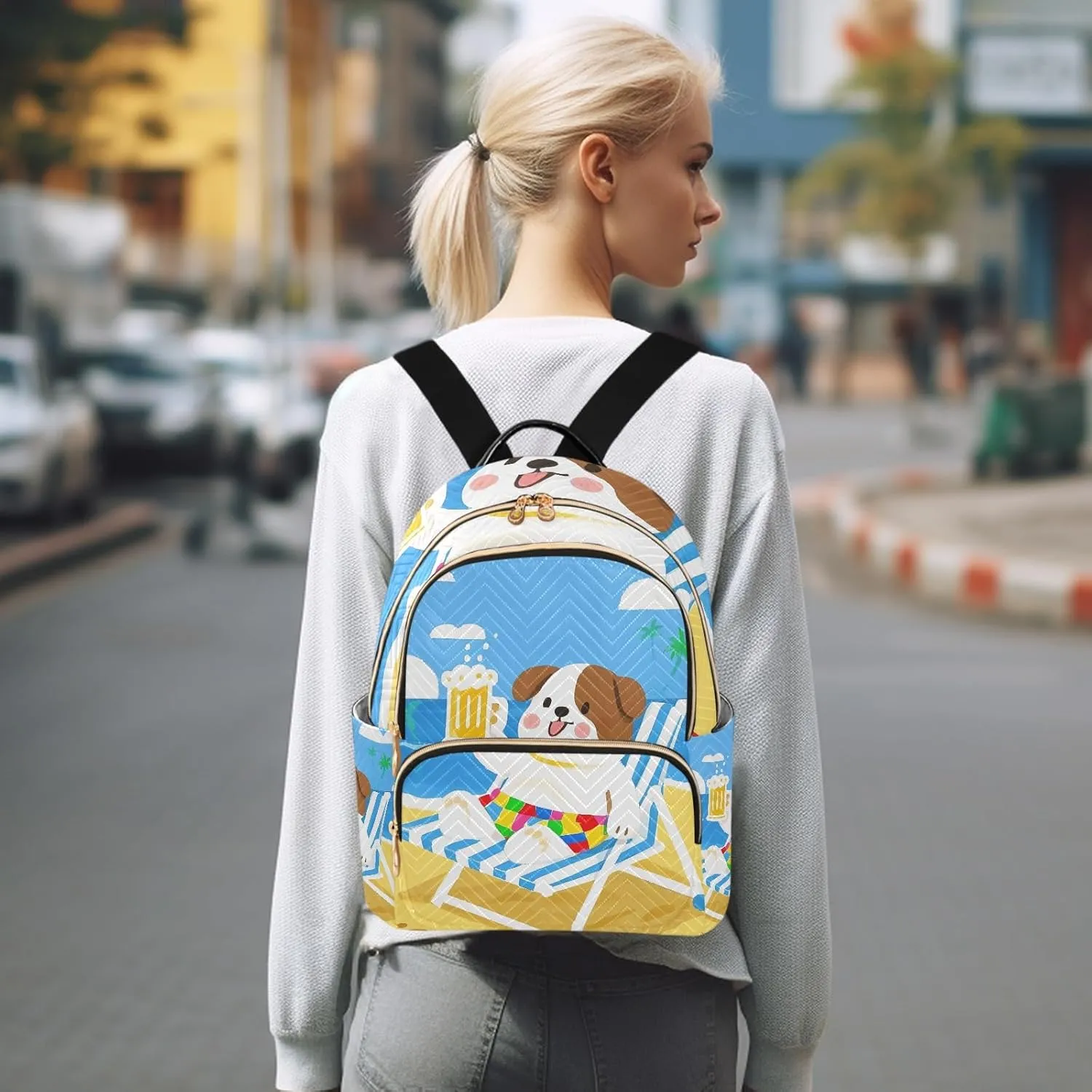 Cute Dog with Beer on Beach Campus Backpack Purse Bookbag Quilted Backpack for Women 13" Laptop Backpack Stylish Printed Rucksack with Multiple Pockets Lightweight Travel