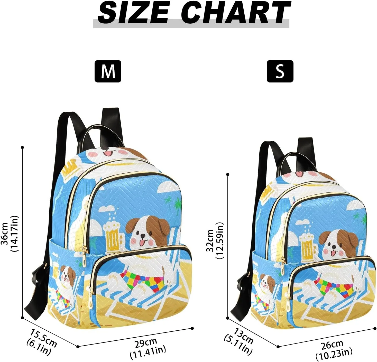 Cute Dog with Beer on Beach Campus Backpack Purse Bookbag Quilted Backpack for Women 13" Laptop Backpack Stylish Printed Rucksack with Multiple Pockets Lightweight Travel