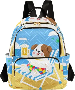 Cute Dog with Beer on Beach Campus Backpack Purse Bookbag Quilted Backpack for Women 13" Laptop Backpack Stylish Printed Rucksack with Multiple Pockets Lightweight Travel