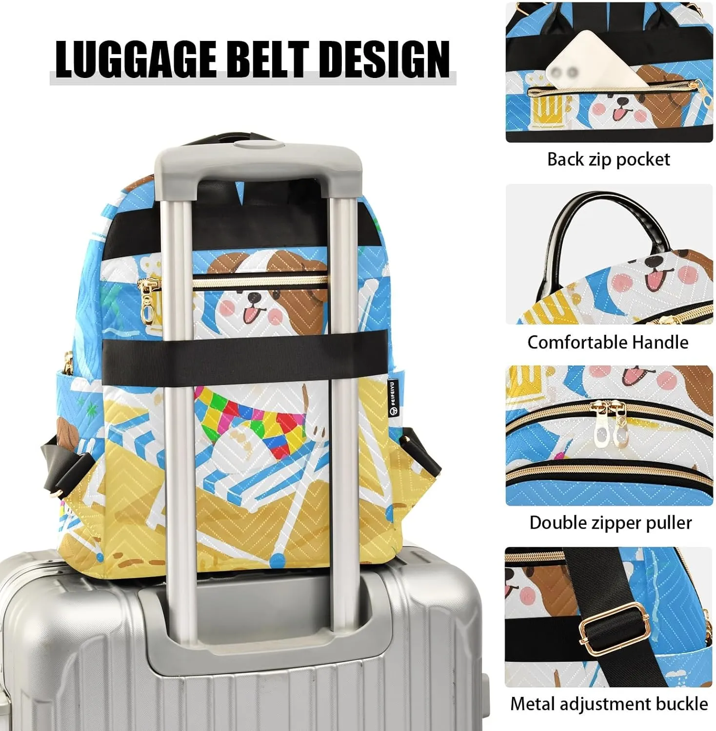 Cute Dog with Beer on Beach Campus Backpack Purse Bookbag Quilted Backpack for Women 13" Laptop Backpack Stylish Printed Rucksack with Multiple Pockets Lightweight Travel