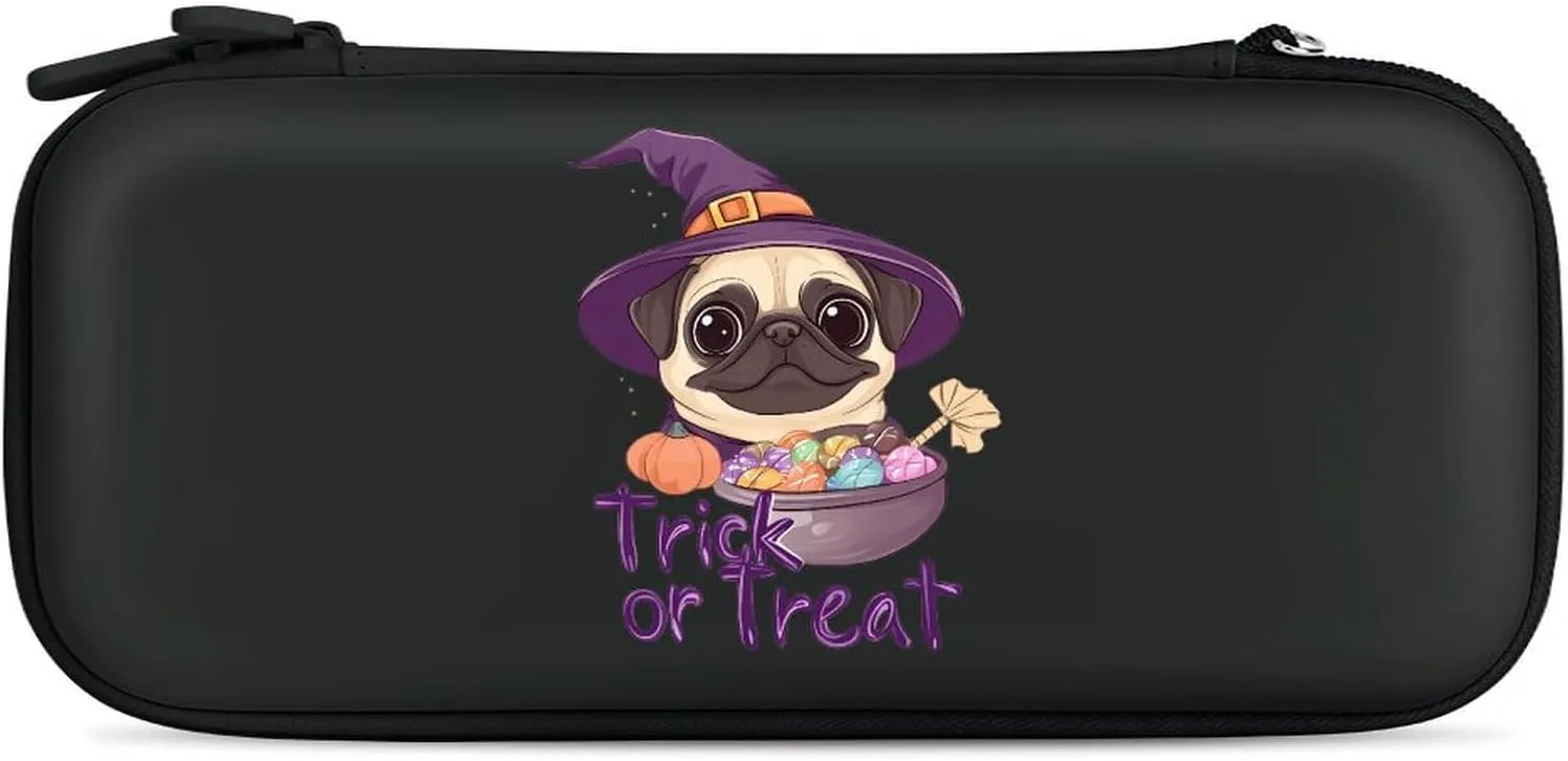 Cute Pug Dog Halloween Compatible with Switch Carrying Case Hard Travel Game Bag Pouch with 15 Games Accessories
