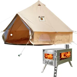 DANCHEL OUTDOOR B5PRO 4 Season Canvas Bell Tent with HS6 Hot Tent Stove 4 Person Camping Yurts All Year Living House, 4m/13ft