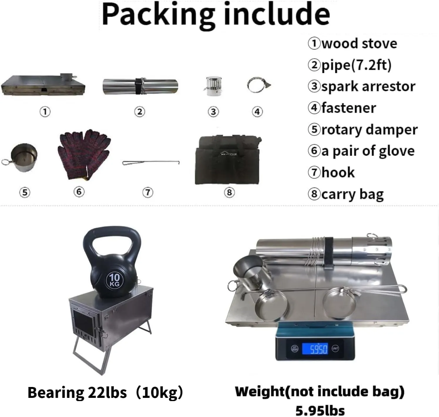 DANCHEL OUTDOOR S6/SSG Folding Camping Stove, 304 Stainless Steel Wood Burning Stove with 7.2ft Chimney, Portable Hot Tent Stove Solo Camping Survival Backpacking, Lightweight & Compact Design
