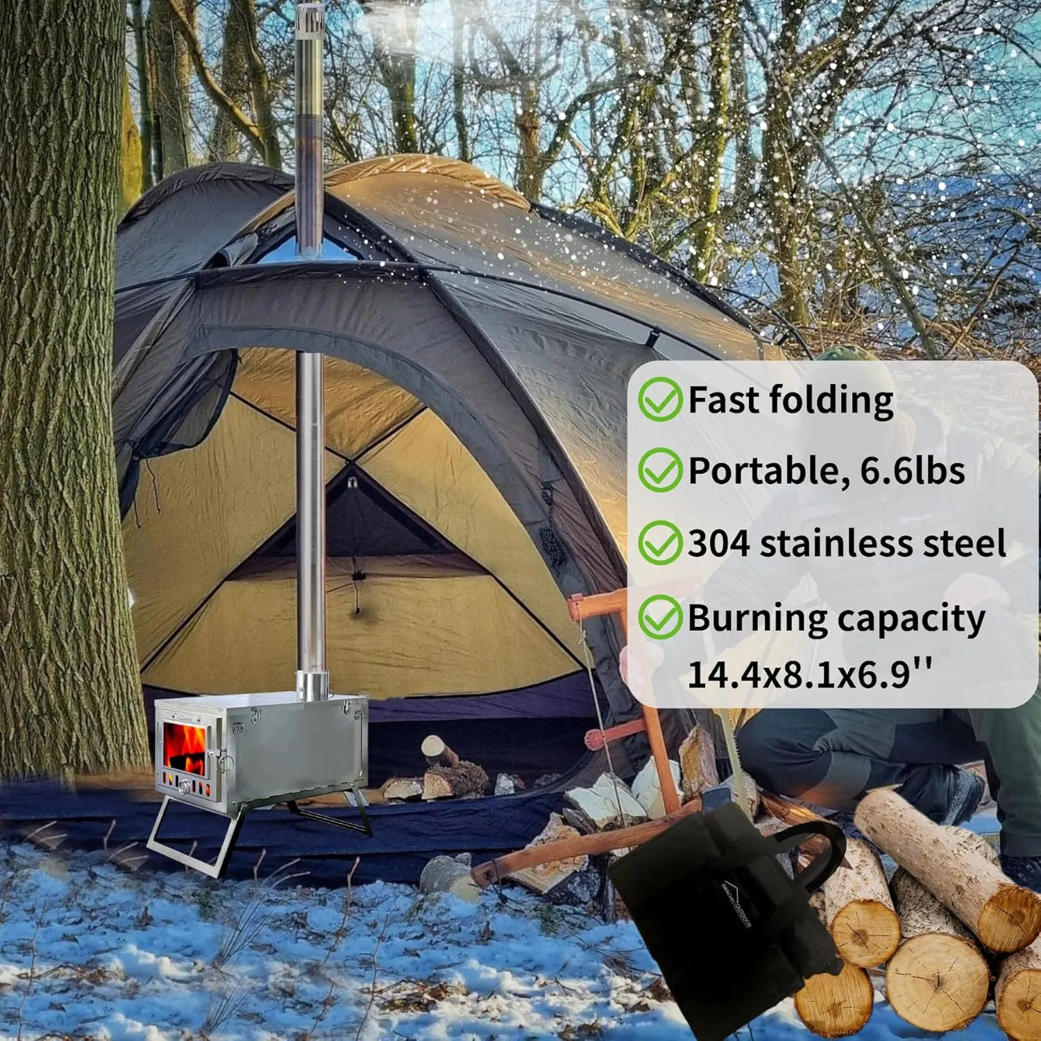 DANCHEL OUTDOOR S6/SSG Folding Camping Stove, 304 Stainless Steel Wood Burning Stove with 7.2ft Chimney, Portable Hot Tent Stove Solo Camping Survival Backpacking, Lightweight & Compact Design