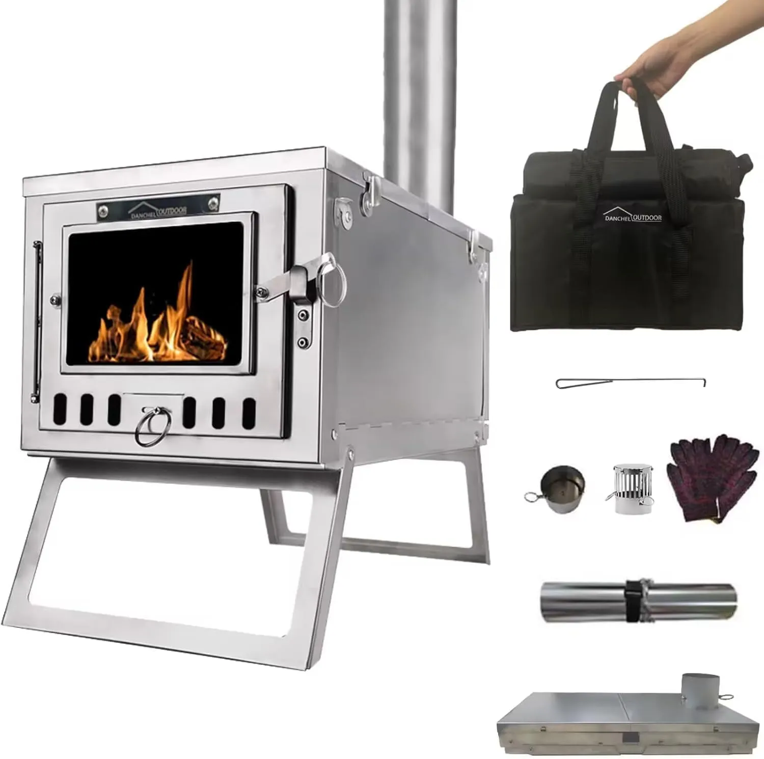 DANCHEL OUTDOOR S6/SSG Folding Camping Stove, 304 Stainless Steel Wood Burning Stove with 7.2ft Chimney, Portable Hot Tent Stove Solo Camping Survival Backpacking, Lightweight & Compact Design