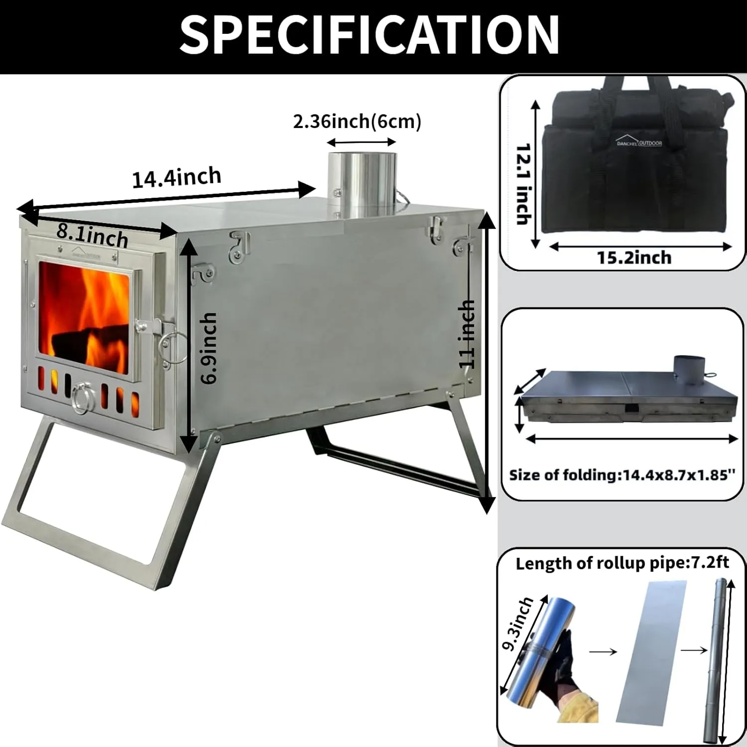 DANCHEL OUTDOOR S6/SSG Folding Camping Stove, 304 Stainless Steel Wood Burning Stove with 7.2ft Chimney, Portable Hot Tent Stove Solo Camping Survival Backpacking, Lightweight & Compact Design