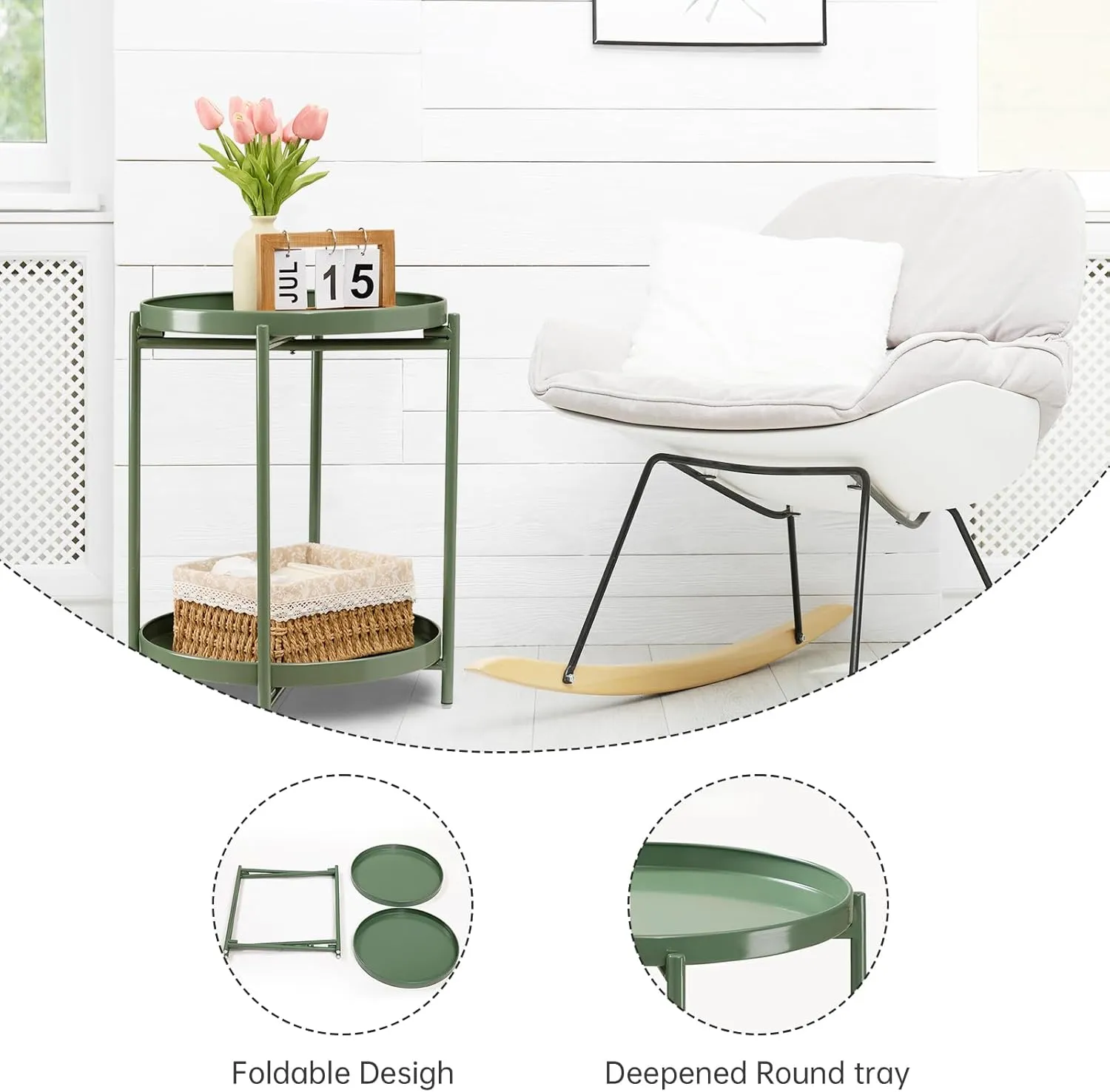 danpinera 2 Tier Metal Side Table with Removable Tray, End Table Outdoor Small Accent Table, Anti-Rust Green Nightstand for Bedroom Balcony Patio (Dark Green)