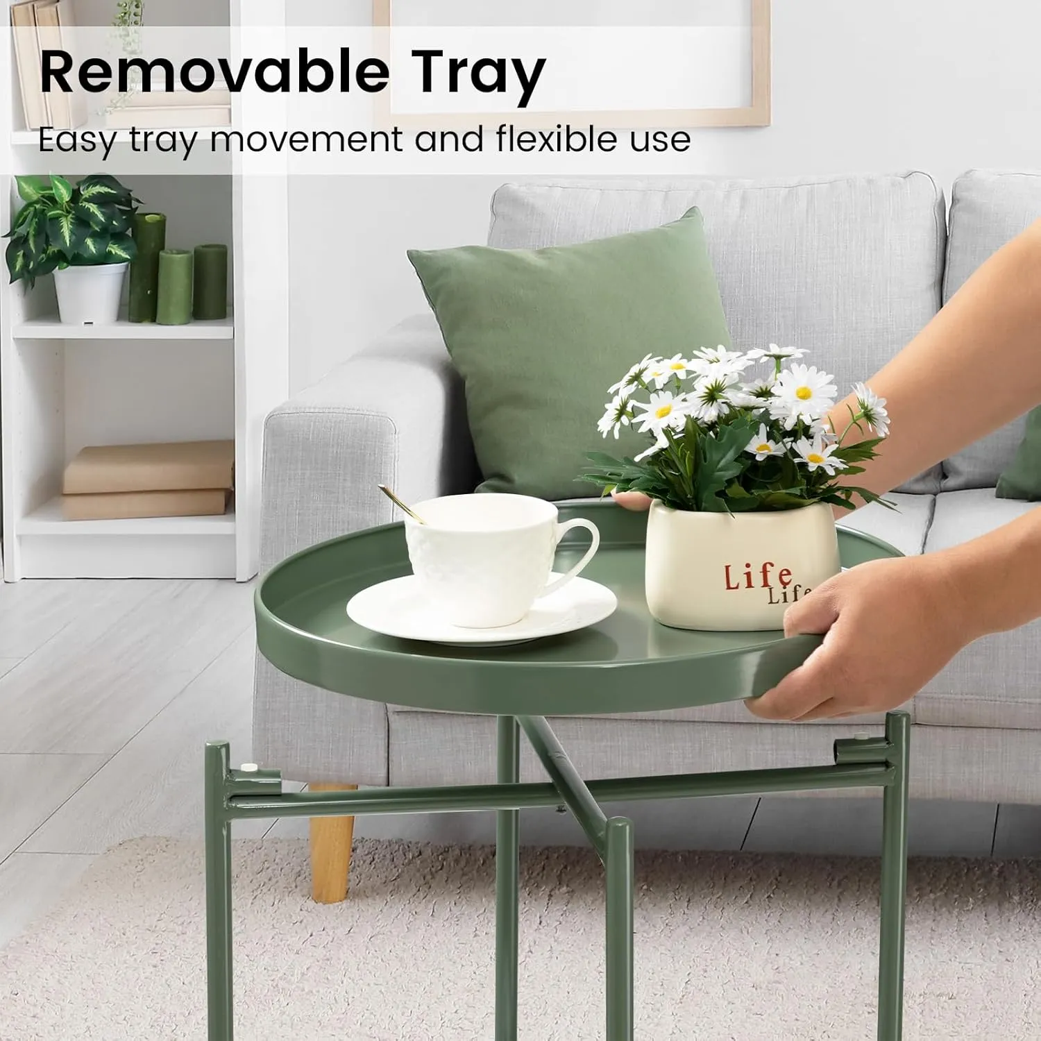 danpinera 2 Tier Metal Side Table with Removable Tray, End Table Outdoor Small Accent Table, Anti-Rust Green Nightstand for Bedroom Balcony Patio (Dark Green)