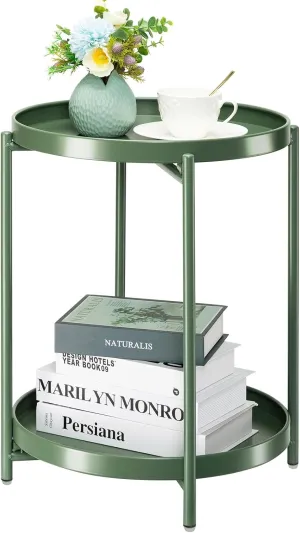 danpinera 2 Tier Metal Side Table with Removable Tray, End Table Outdoor Small Accent Table, Anti-Rust Green Nightstand for Bedroom Balcony Patio (Dark Green)