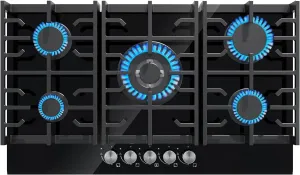 Davivy 34" Built in Gas Cooktop,5 Burner Gas Stove Top,All Black Tempered Glass Surface Gas Cooktop - NG/LPG Convertible,36004 BTU,Dual Fuel,Thermocouple Protection,Easy Installation,CSA Certified