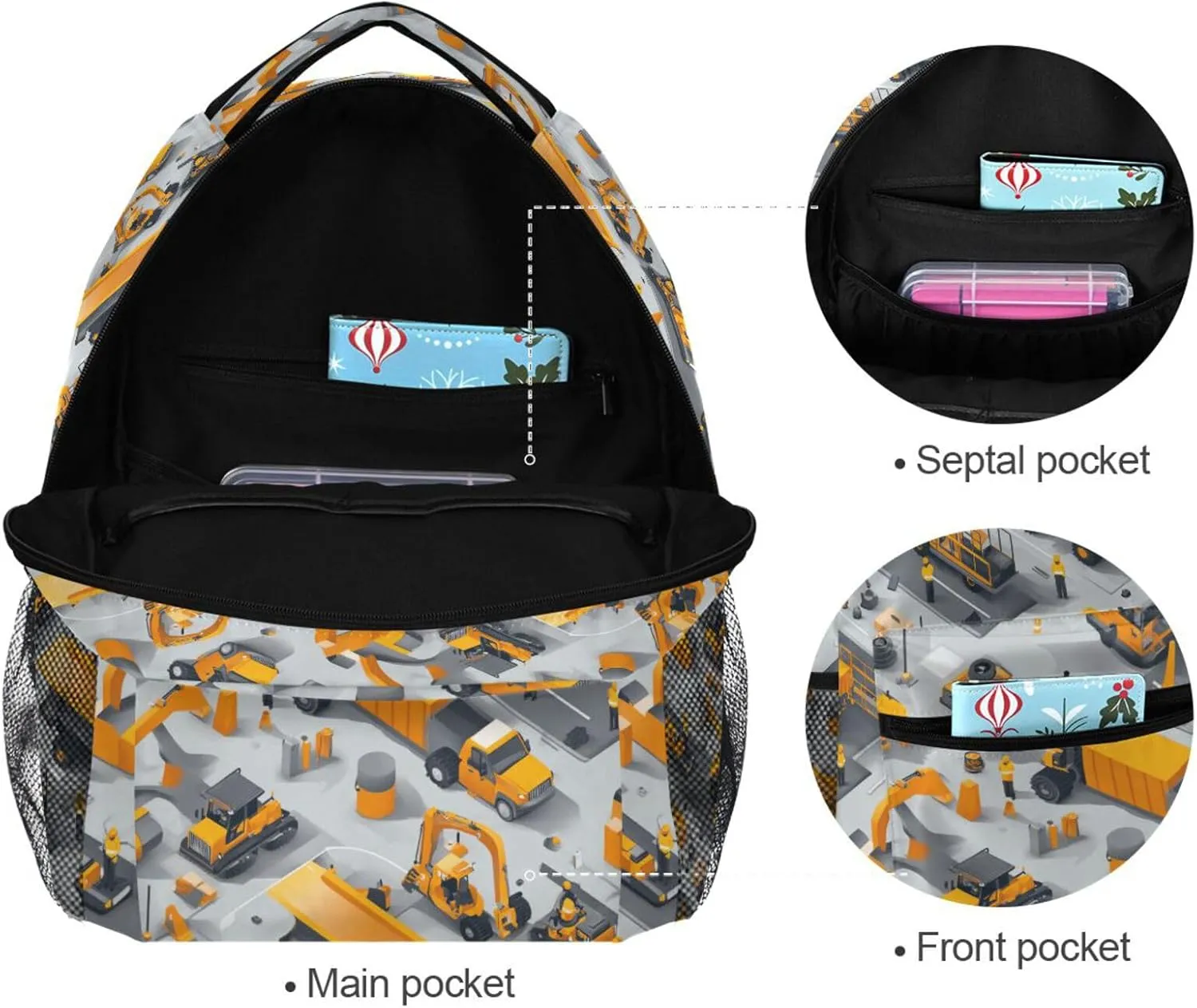 Day Backpack for Teenager Waterproof Laptop Bag with Chest Strap for College Work Construction Scene Concrete Mixer Truck