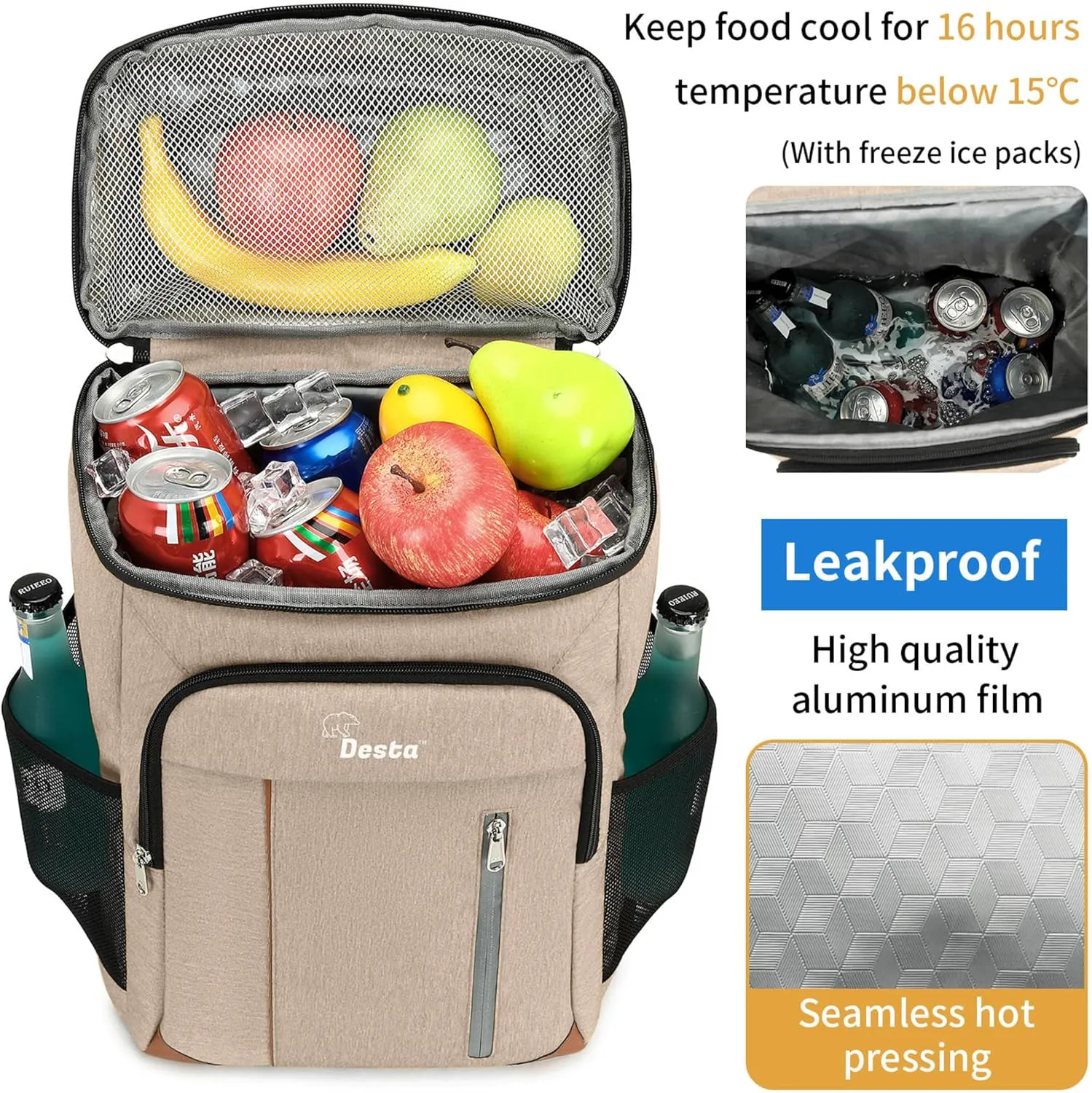 Desta™ 22L | Lightweight Insulated Backpack Cooler | Easy to Carry | Adjustable Shoulder Straps | Large Capacity | Hiking Backpack Men | Lunch Pack | Picnic | Made from 5mm Eco-Friendly EPE Foam