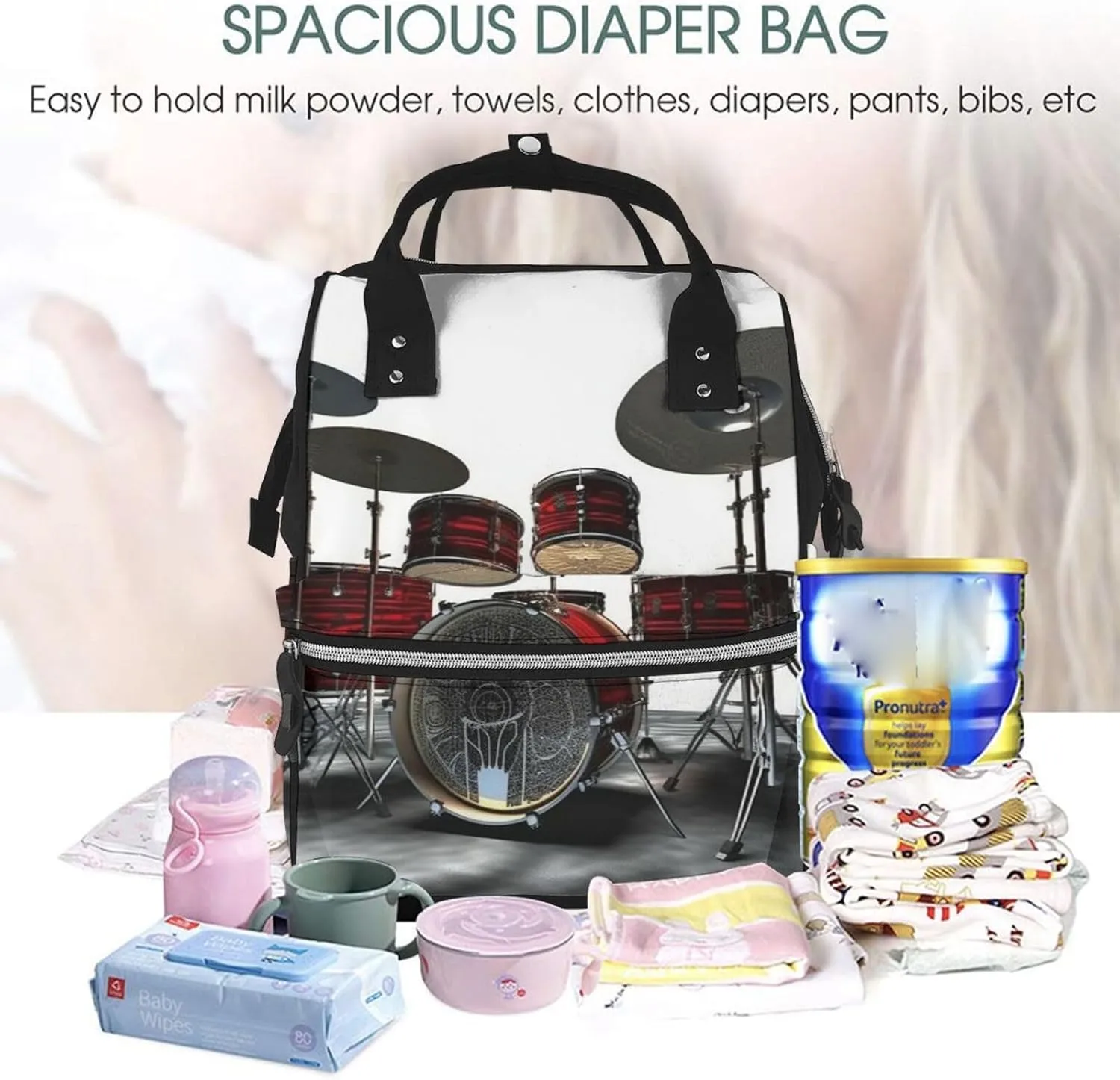 Diaper Bag Nappy Backpack Baby Bag Abstract Music Themed Mummy Backpack Multifunction Changing Bags for Travel, Cool Drum Set, One Size