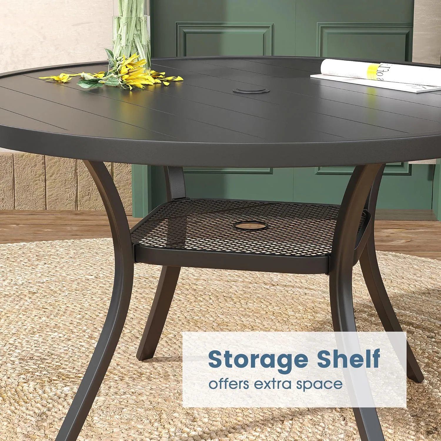 DIFY Patio Round Dining Table, 47.5" All Weather Round Outdoor Table with 1.57" Umbrella Hole for 6 Person, Perfect for Lawn Poolside and Backyard, Black
